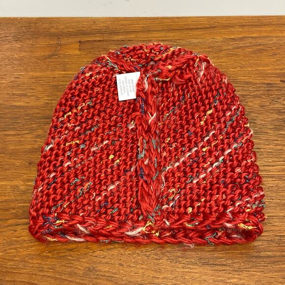 Wool Blend Women’s Red Chunky Knit Beanie Stocking Cap Ski Winter Hat Boho Indie - Picture 9 of 9